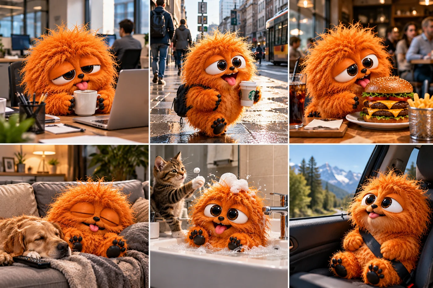 Six fictional scenes of orange Buzloo at work, carrying coffee, enjoying a burger, sleeping, taking a bath, and riding in a car.