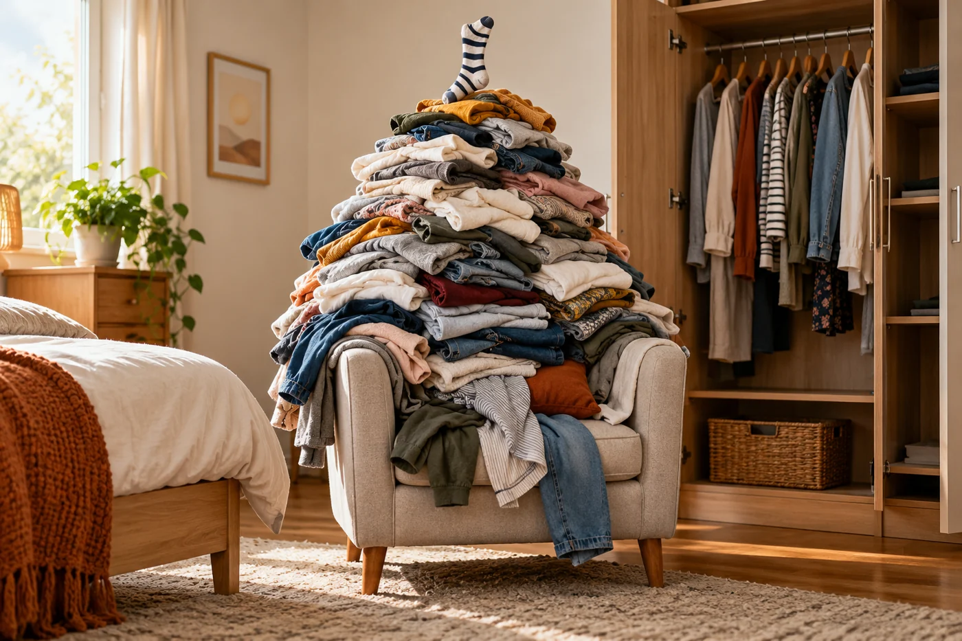 A bedroom armchair buried under a large pile of clean laundry, with one striped sock standing at the top.