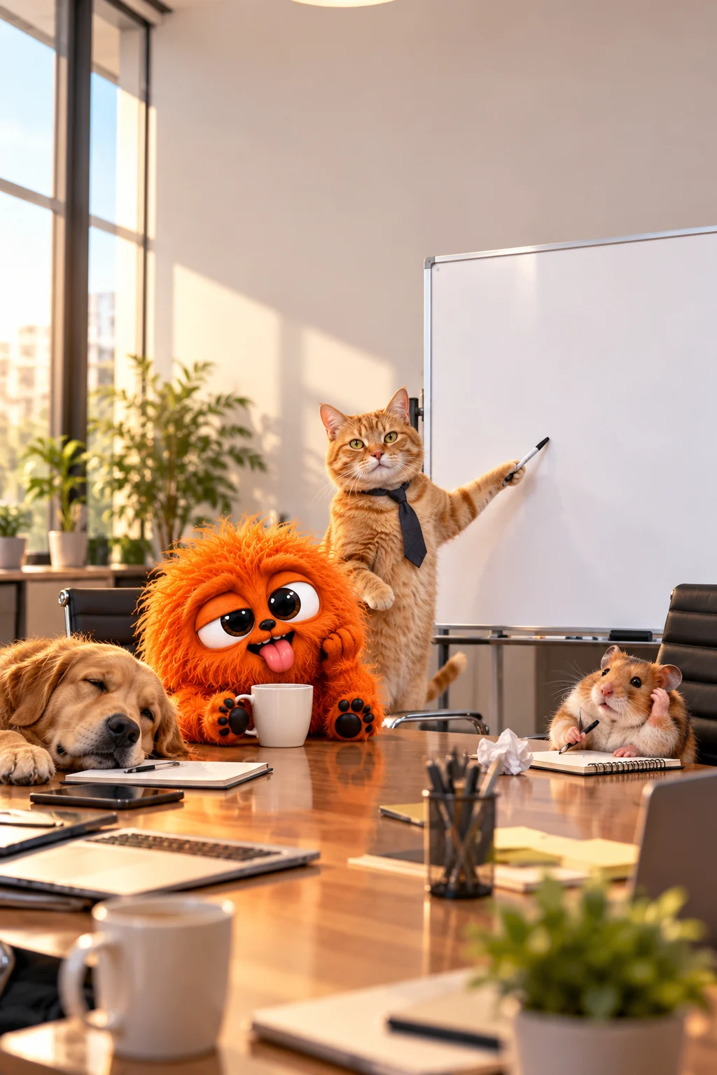 A tired orange Buzloo and bored animal coworkers sit through another presentation from the same cat.