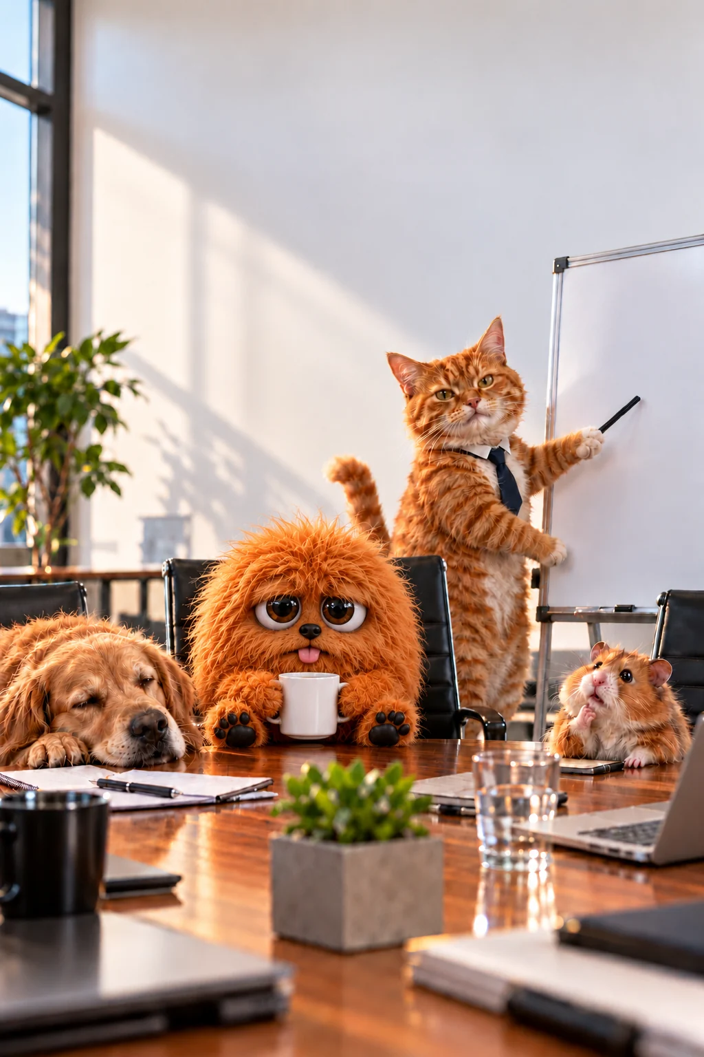 Orange Buzloo holds coffee beside a sleeping dog and a hamster while a cat in a tie points confidently at a blank whiteboard.